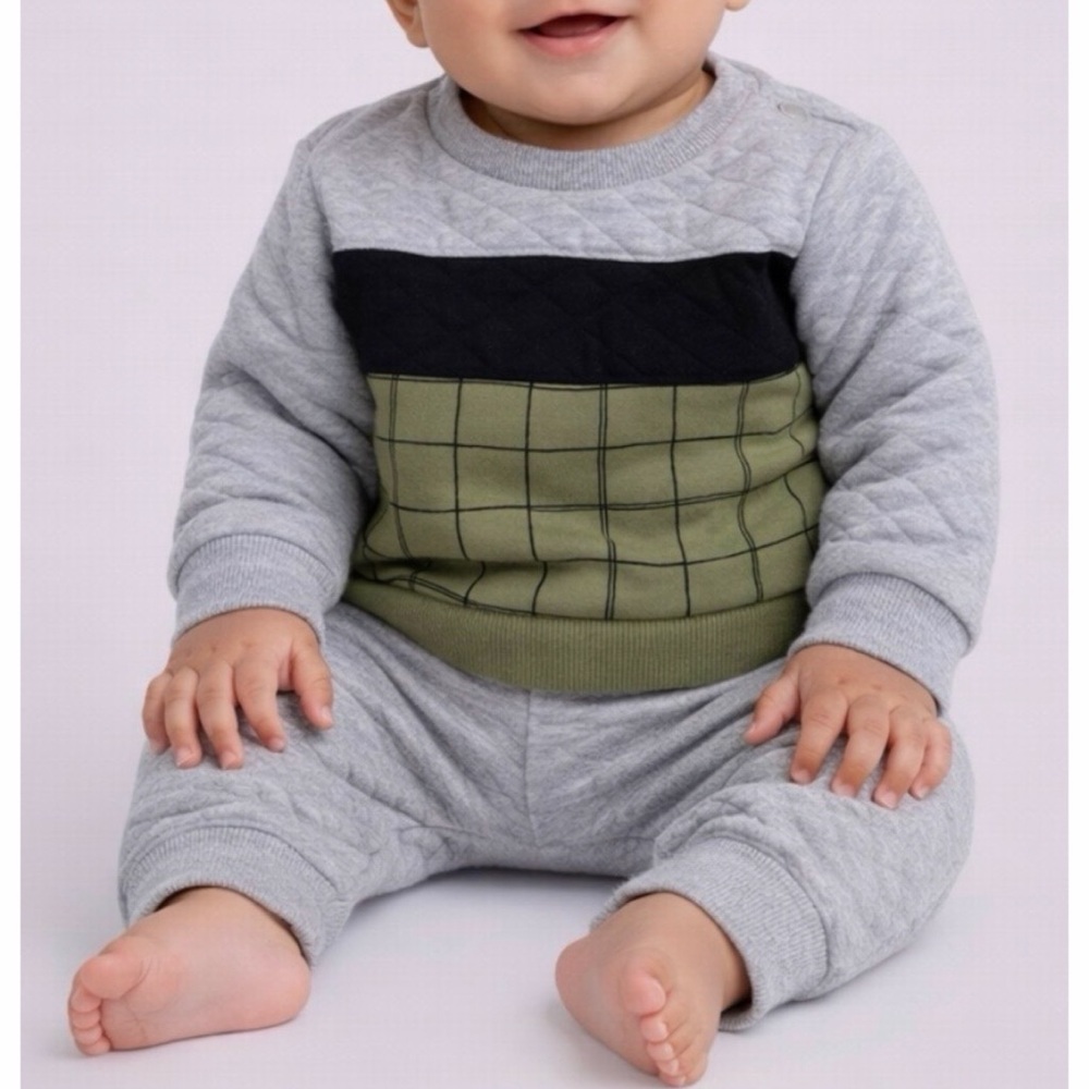 PL:BABY • Grey/Green/Black Quilted Sweatshirt and Joggers Matching Set, 6M